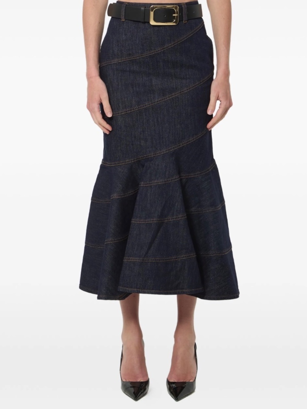 Self-Portrait Indigo Denim Belted Midi Skirt